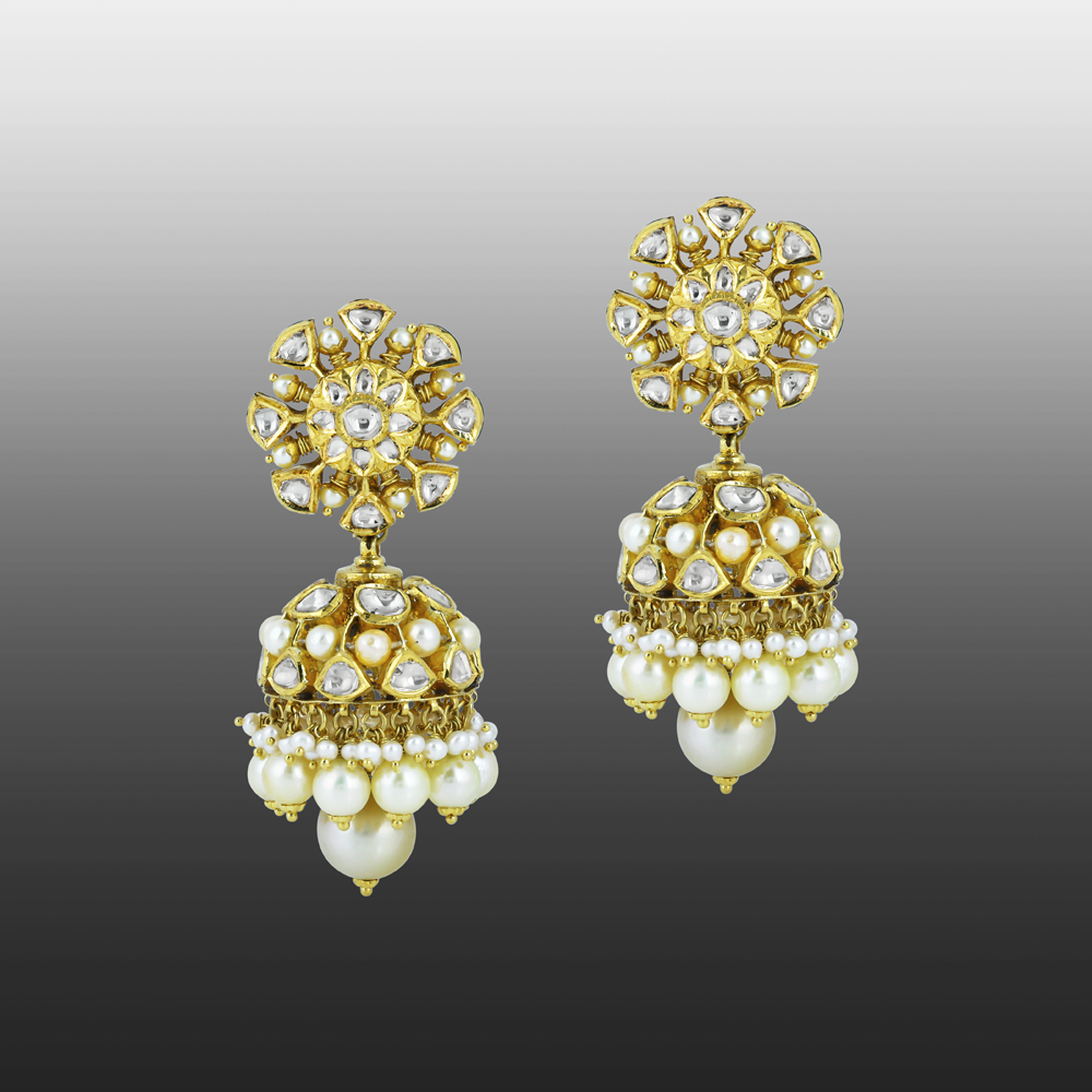 Floral Polki Jhumka Earrings with Graceful Pearl Drops
